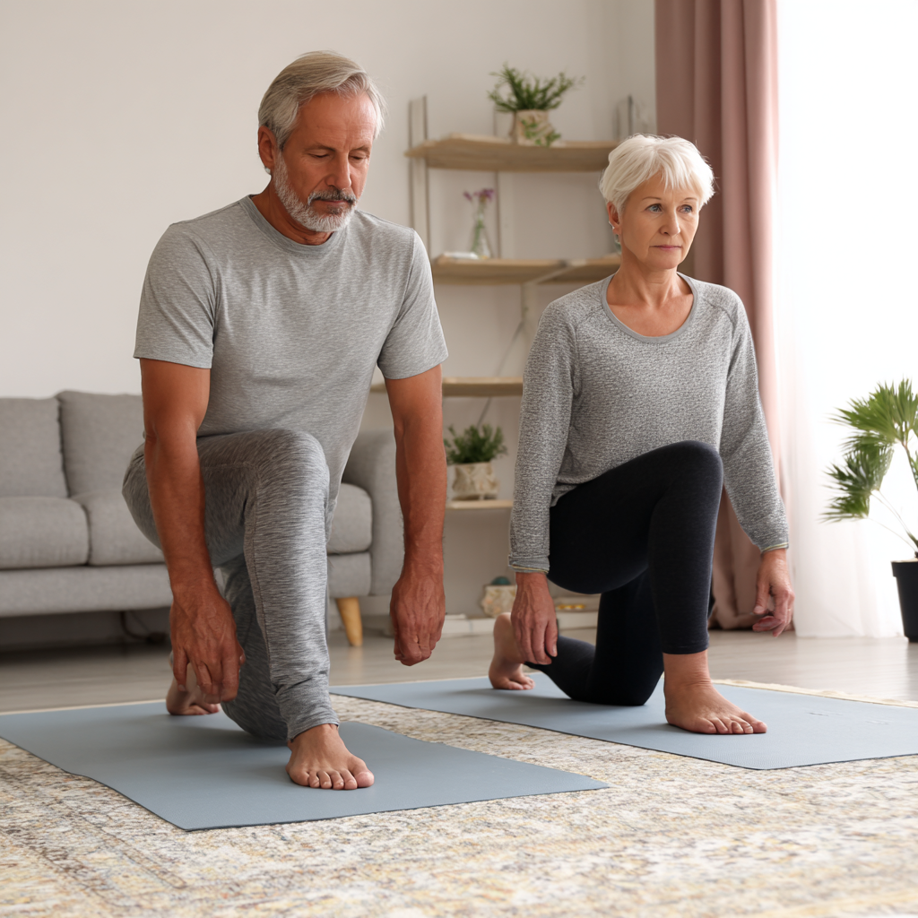 Middle-aged adults practicing gentle foot mobility exercises in comfortable home environment