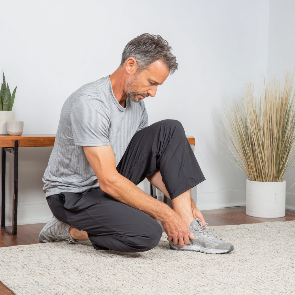 Middle-aged person demonstrating gentle foot mobility exercises using flenodark natural approach