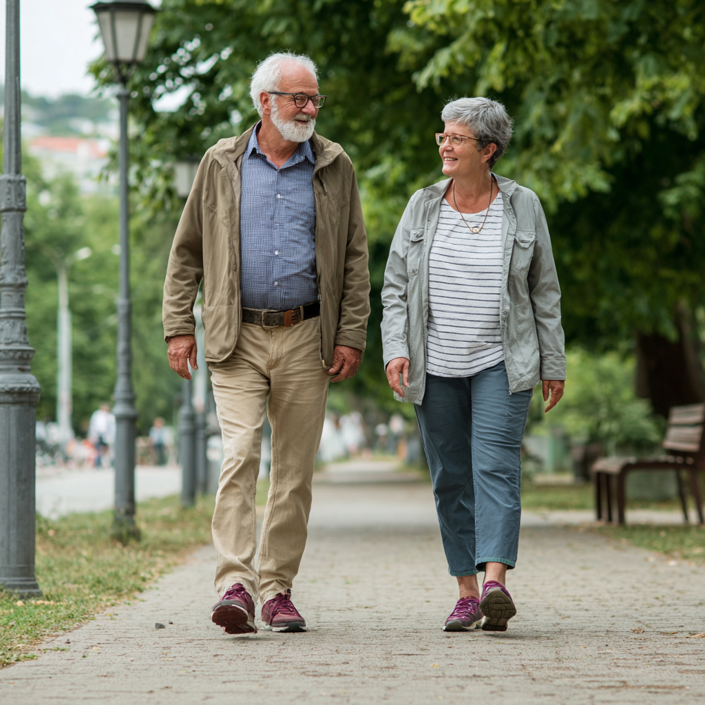 Older adults enjoying comfortable walking routine with proper footwear support